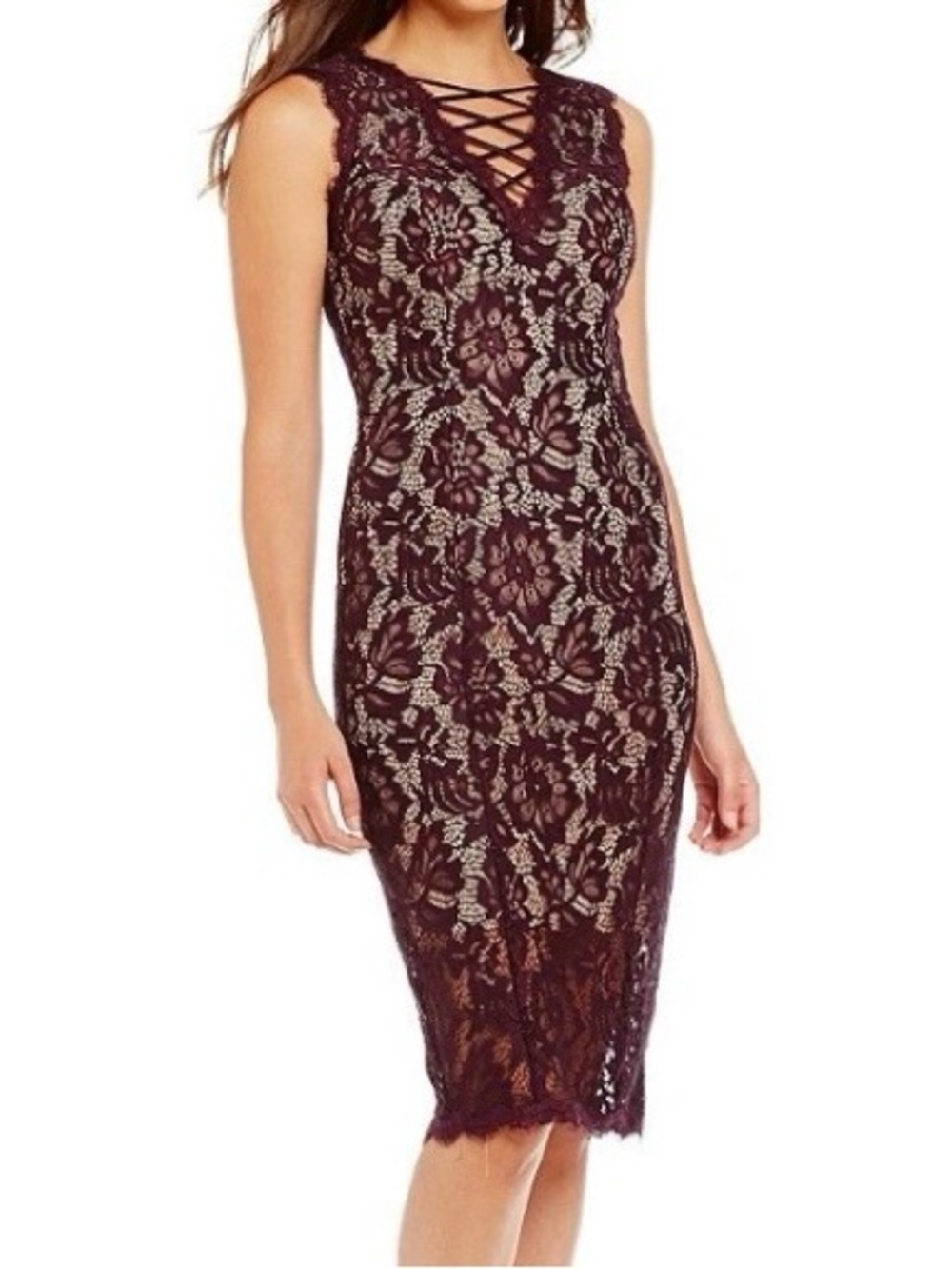 BETSY & ADAM Lace Illusion Dress 4 Purple Sleeveless Glamour Cocktail Wedding